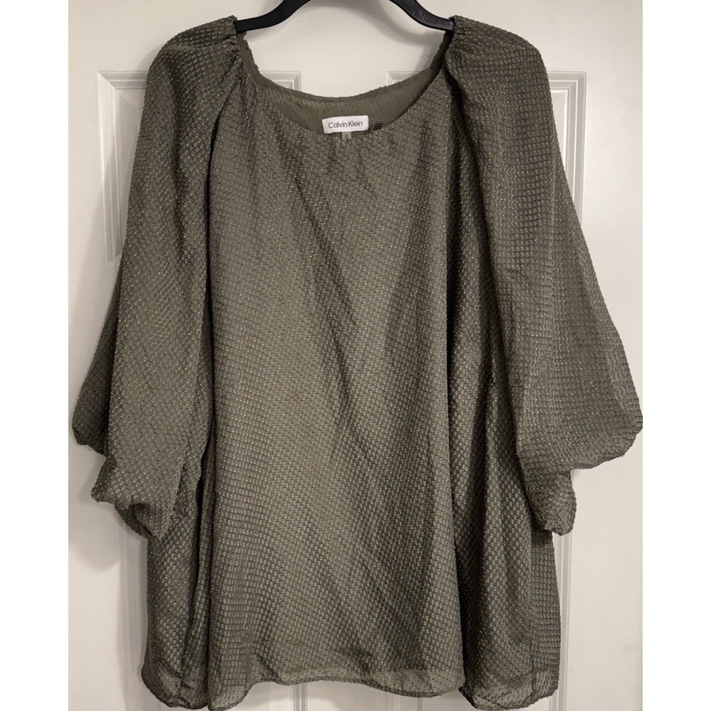 Calvin Klein Olive Green Textured Puff-Sleeve Tunic